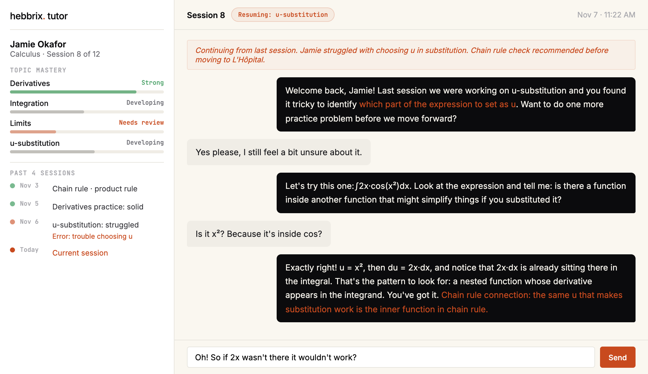 Tutor progress view showing one learner's mastery per topic, a session timeline, and a flagged recurring error