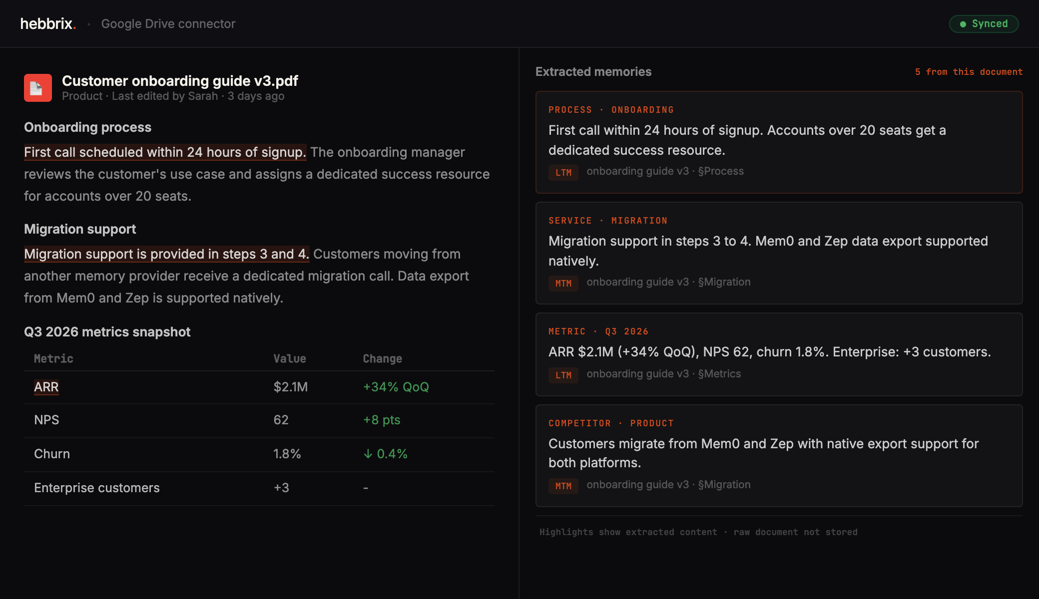 A Drive metrics report with its facts shown as searchable memory cards an agent can query
